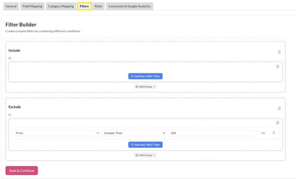 Filter builder in AdTribes with an example that excludes products priced over 0