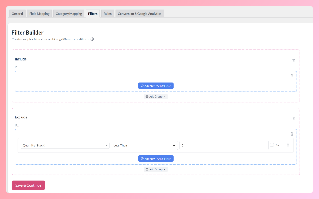 AdTribes filter excluding products with stock below two