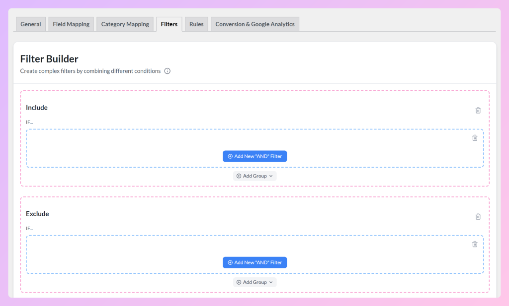 AdTribes Filters tab showing the Filter Builder with empty Include and Exclude sections and Add New AND Filter buttons