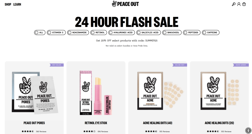 flash-sale-example-peaceout - AdTribes Homepage of Peace Out featuring a 24-hour flash sale banner with product categories, 25% off code (SUMMER25), and skincare products displayed below