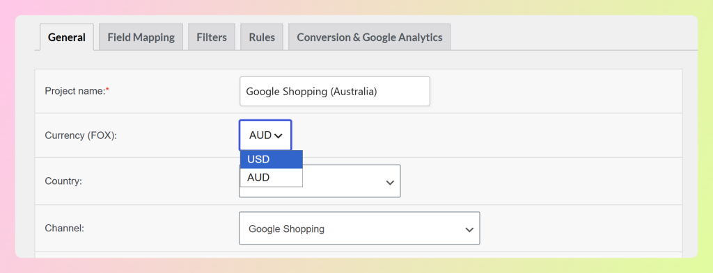 Currency (FOX) dropdown in AdTribes showing USD and AUD