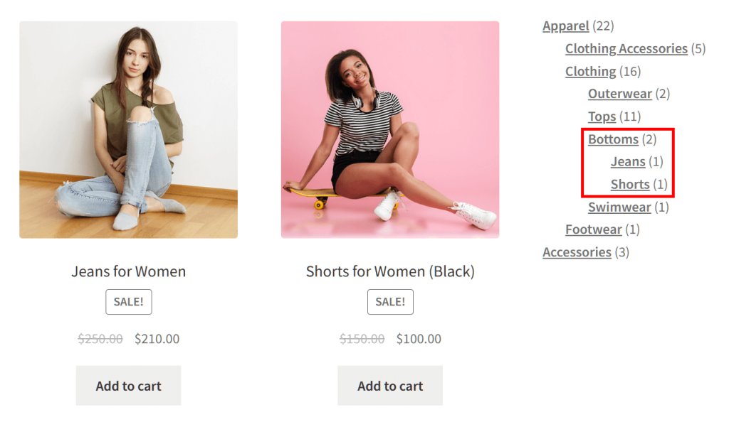 Two products, including shorts and jeans for women, on display on an online store