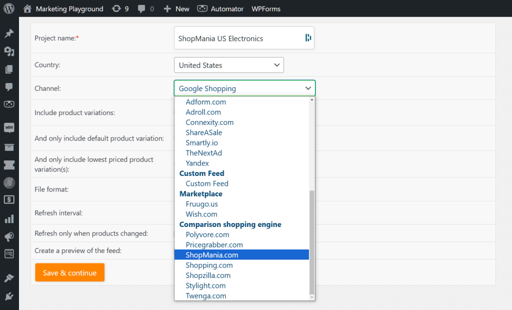 AdTribes "General feed settings" page, with a focus on the channel dropdown, which lists multiple sales channels, including comparison shopping engines such as ShopMania