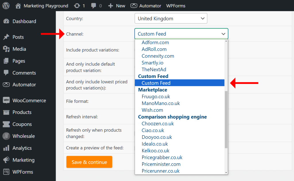 AdTribes' "General feed settings" page, with a focus on the "Channel" option, whose dropdown menu shows a list marketing channels, including Custom Feed, which is highlighted