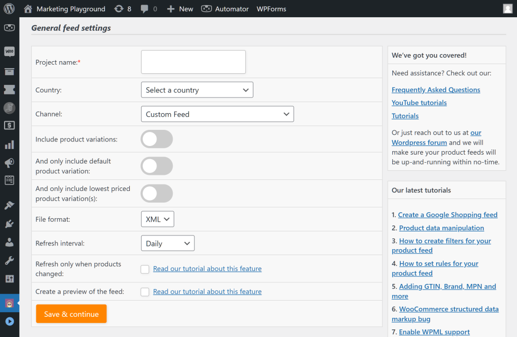 AdTribes' "General feed settings" page, which comes with multiple options including Project name, Country, Channel, File format, and more