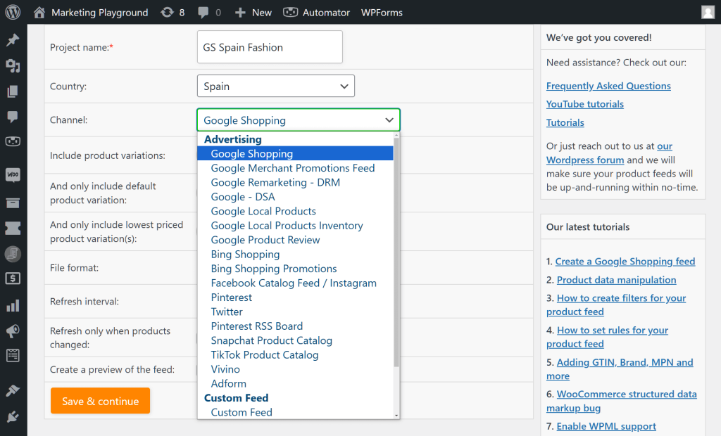 AdTribes' "General feed settings" page, with a focus on the "Channel" option, whose dropdown menu shows a list marketing channels, including Google Shopping, which is highlighted