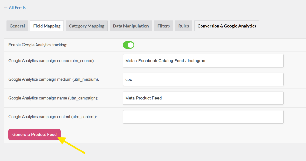 AdTribes Product Feed plugin showing where to generate a Meta product feed with catalog product video Meta support enabled