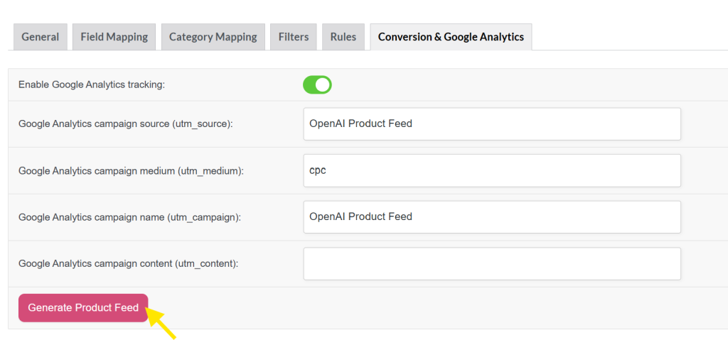 Google Analytics settings and “Generate Product Feed” button in AdTribes Product Feed Pro