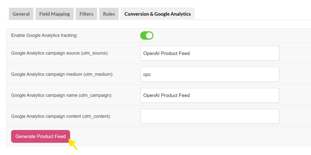Google Analytics settings and “Generate Product Feed” button in AdTribes Product Feed Pro