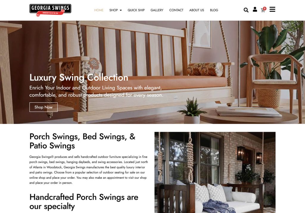 Part of the Georgia Swings homepage, with images of handcrafted porch swings and text describing the company and its offerings