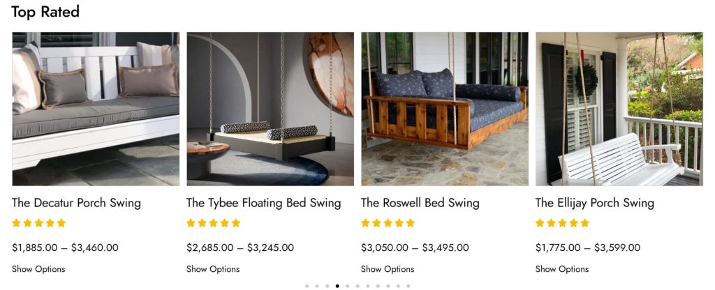 Four top-rated handcrafted outdoor furniture products on a website