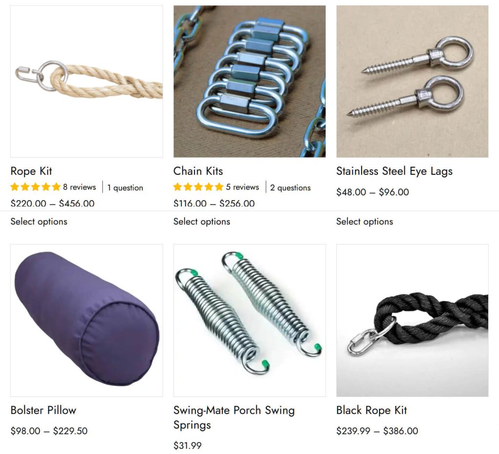 Handcrafted porch swing accessories on a website