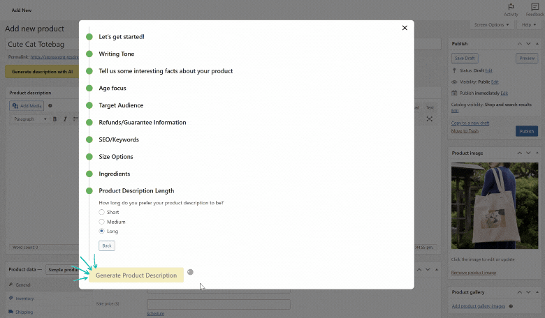 gif-product-description-generator-storeagent - AdTribes StoreAgent interface where users can input product details and generate descriptions with AI
