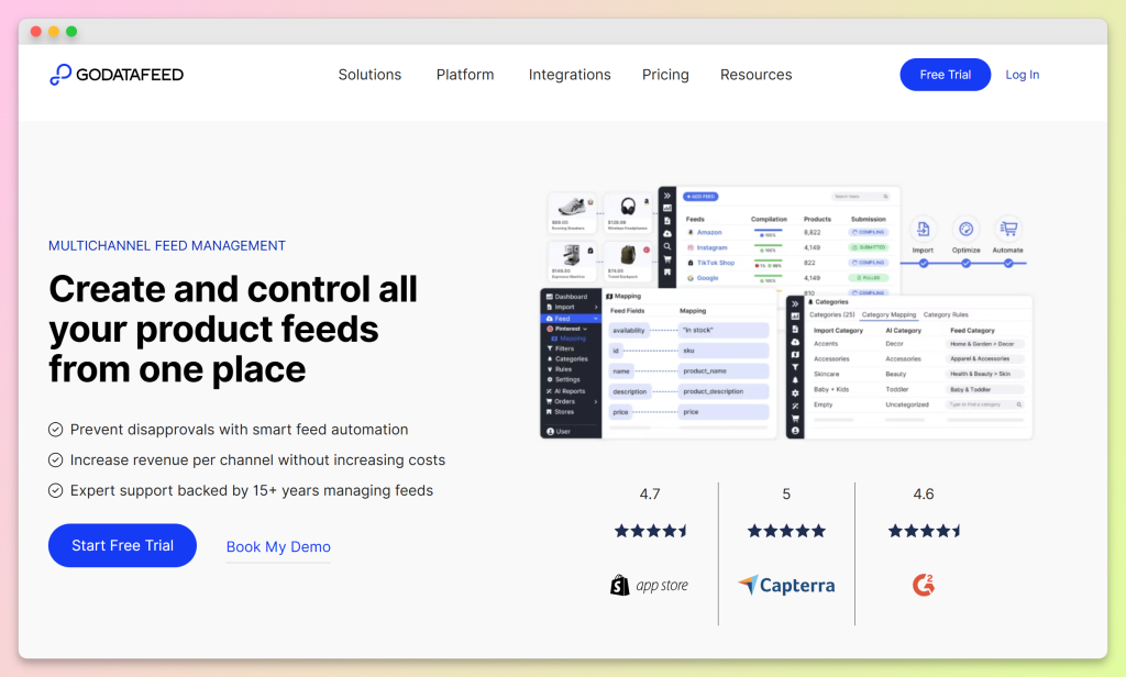 GoDataFeed homepage hero showing multichannel product feed management messaging and platform dashboard visuals