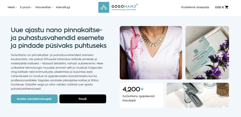 GoGoNano website homepage promoting nano protection and cleaning products for long-term care