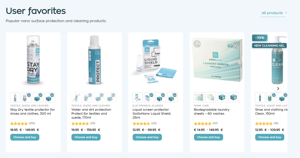 A selection of GoGoNano’s nano cleaning products including sprays, laundry sheets, and protective coatings on display