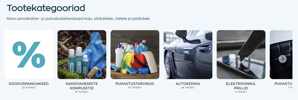 Product category section on GoGoNano site including home, textile, car, electronics, and leather care