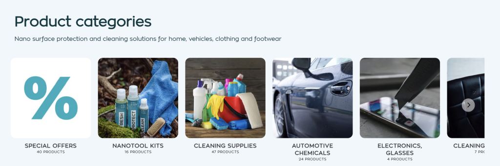 Product category section on GoGoNano site including home, textile, car, electronics, and leather care