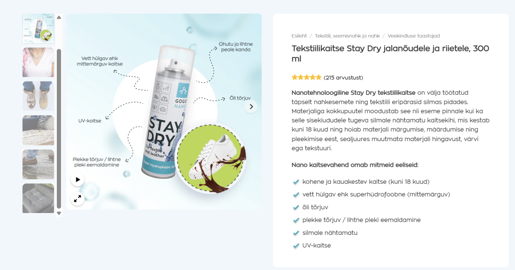 GoGoNano’s Stay Dry nano spray with labeled benefits such as UV protection, water repellency, and stain resistance