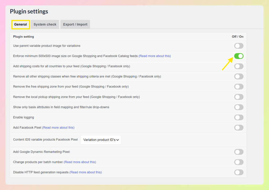 google-image-requirements-in-product-feed-pro - AdTribes AdTribes Product Feed Pro setting enforcing the minimum 500x500 image size for Google Shopping feeds
