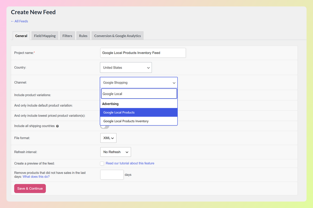 AdTribes channel dropdown showing Google Local Products and Google Local Products Inventory