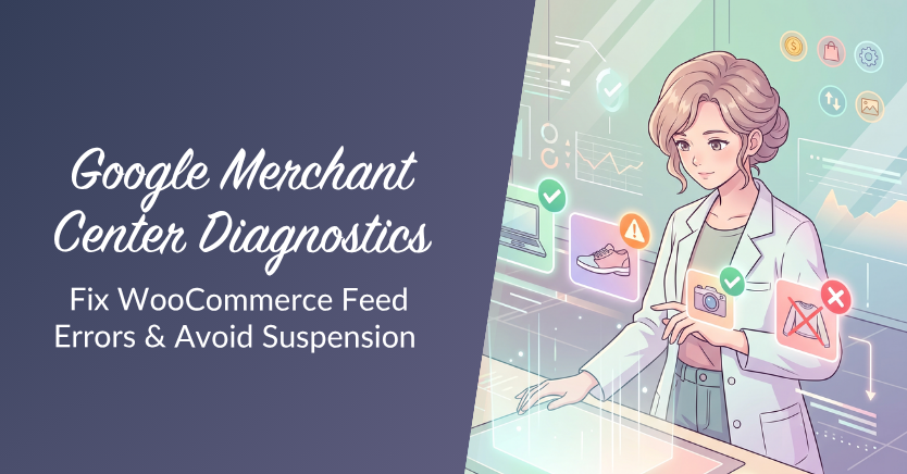 Banner zur Bewerbung der Google Merchant Center Diagnostik: 'WooCommerce-Feedfehler beheben & Aussetzung vermeiden' mit einem Wissenschaftler, der auf der rechten Seite eine holografische Armaturentafel überwacht.
