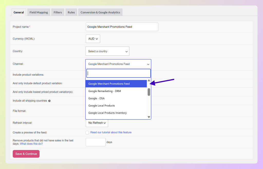 Google Merchant Promotions Feed selected in the AdTribes channel dropdown
