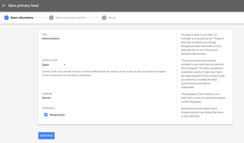 Google Merchant feed settings, with basic information such as "Country of Sale" and "Language" entered