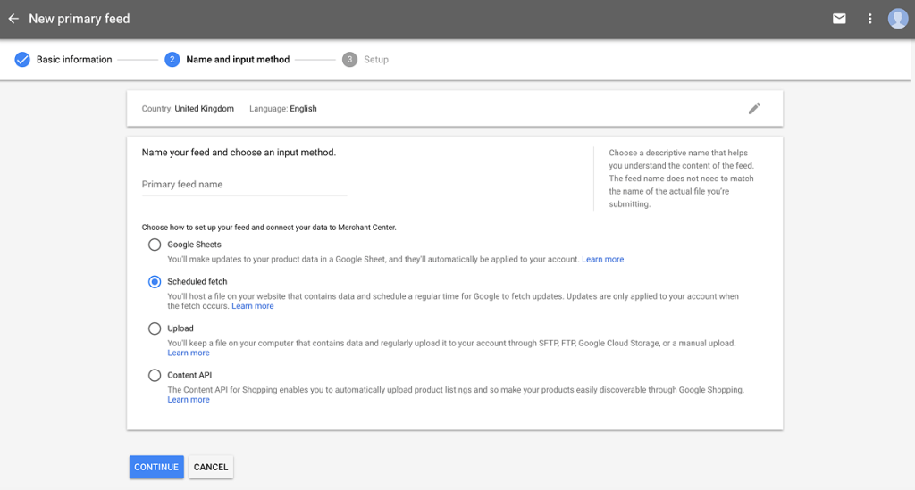 Google Merchant feed settings, with the "Scheduled Fetch" option selected