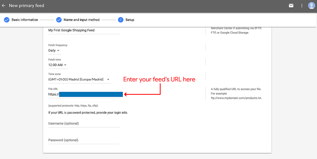 Google Merchant feed settings, showing the File URL entry field