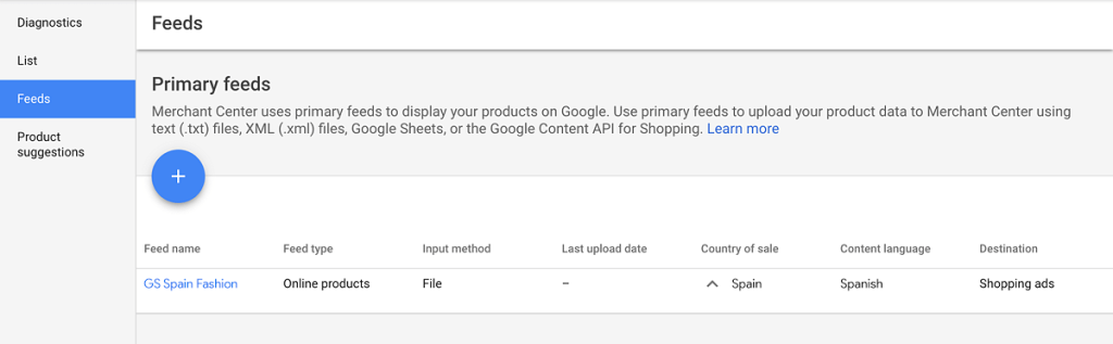 Google Merchant feed settings, showing the Primary Feeds section