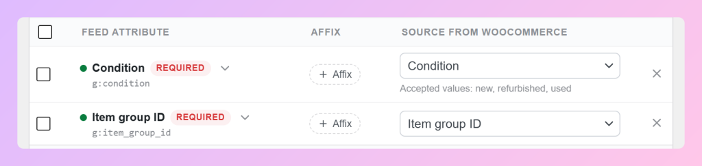 google-product-feed-specification-condition-item-group-id - AdTribes Product Feed Pro Field Mapping tab showing the Item group ID attribute mapped to the Item group ID source