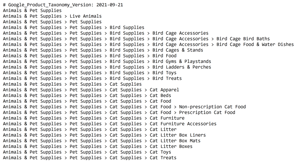 Google Product Taxonomy showing hierarchical product category structure