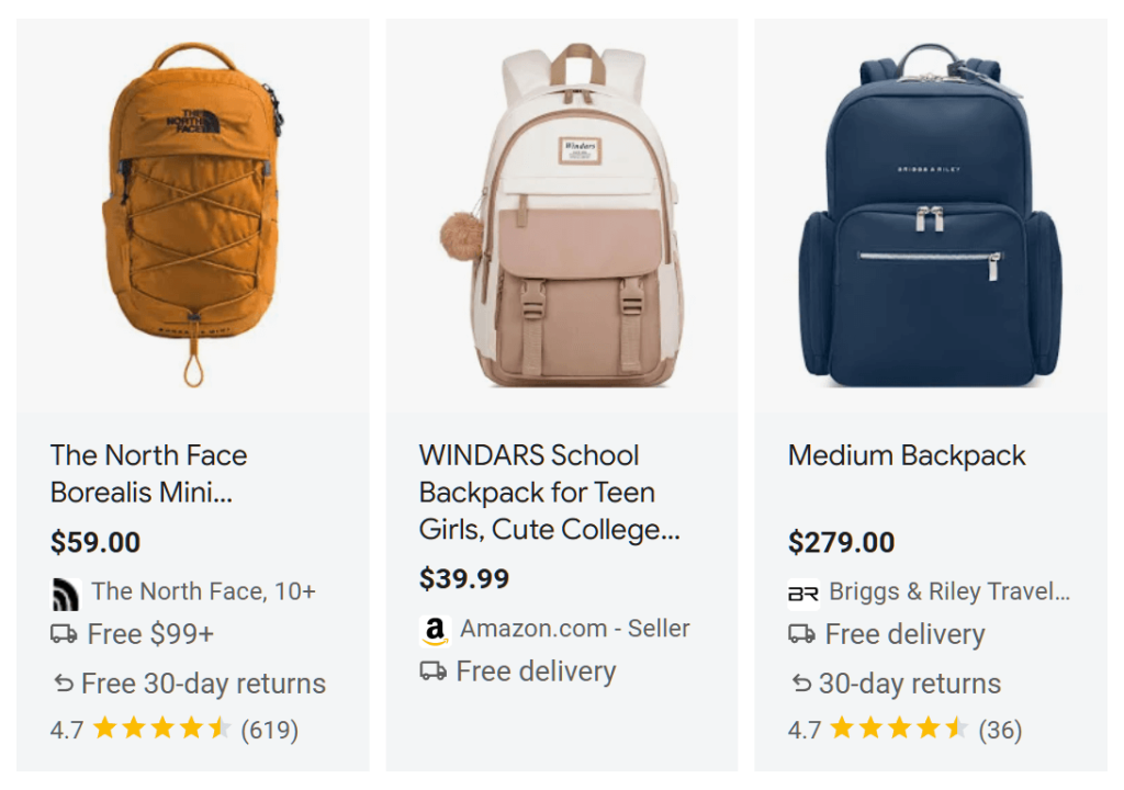 Three backpack listings displayed on Google Shopping, complete with  information such as thumbnail images, titles, prices, reviews, and shops