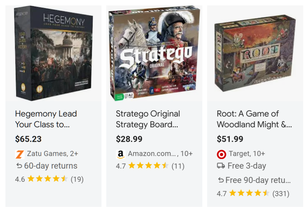 Three board game listings displayed on Google Shopping, complete with  information such as thumbnail images, titles, prices, reviews, and shops