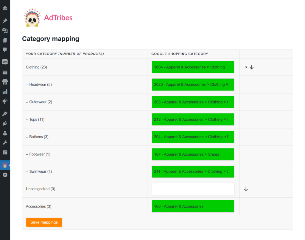 AdTribes Product Feed's category mapping feature, showing WooCommerce categories being mapped to Google Shopping's categories