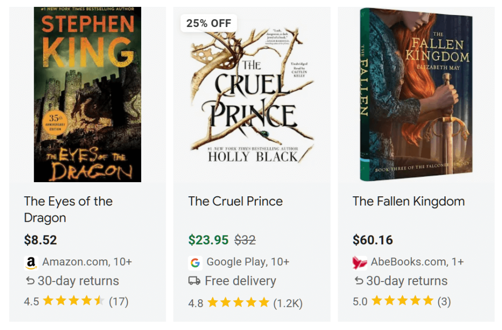 Three fantasy book listings displayed on Google Shopping, complete with  information such as thumbnail images, titles, prices, reviews, and shops