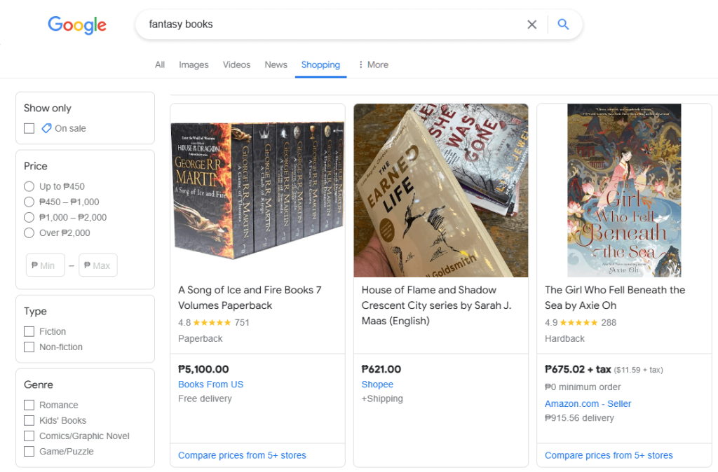 A display of fantasy books via Google Shopping