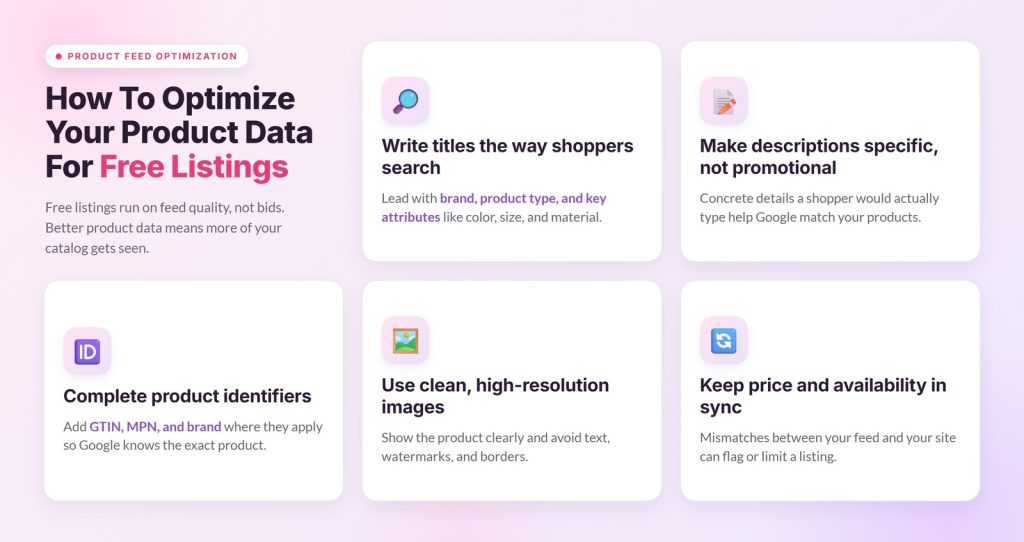google-shopping-free-listings-optimize-infographic - AdTribes Infographic showing five product feed optimization tips for Google Shopping free listings