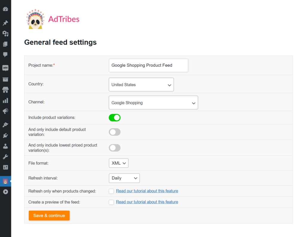 The Google Shopping product feed settings, specifically the Google Analytics tracking settings, showing various utm parameters and the toggle for enabling and disabling Google Analytics