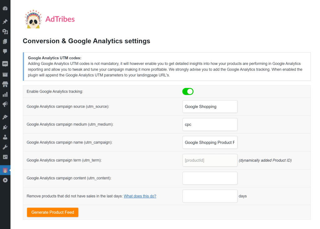 The Google Shopping product feed settings, specifically the Google Analytics tracking settings, showing various utm parameters and the toggle for enabling and disabling Google Analytics