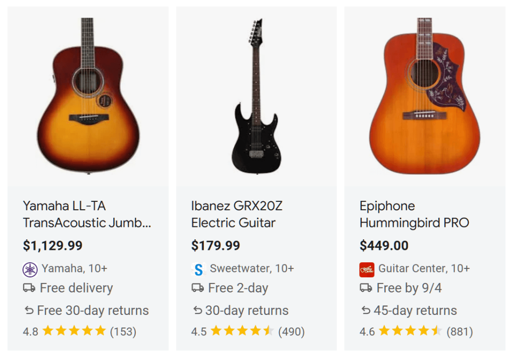 Three guitar listings displayed on Google Shopping, complete with  information such as thumbnail images, titles, prices, reviews, and shops