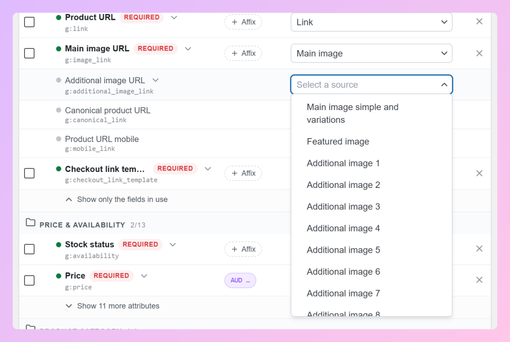 AdTribes Product Feed Pro Field Mapping tab with image_link mapped to Main image and the additional_image_link source dropdown open, listing Featured image and Additional image 1 to 8