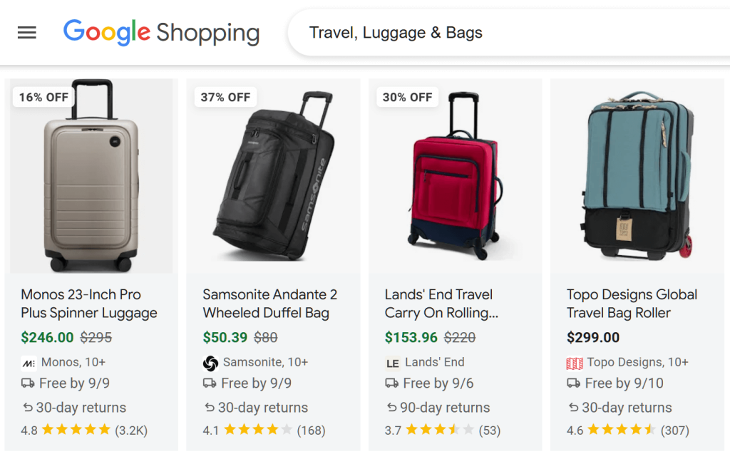 Four luggage listings displayed on Google Shopping, complete with  information such as thumbnail images, titles, prices, reviews, and shops