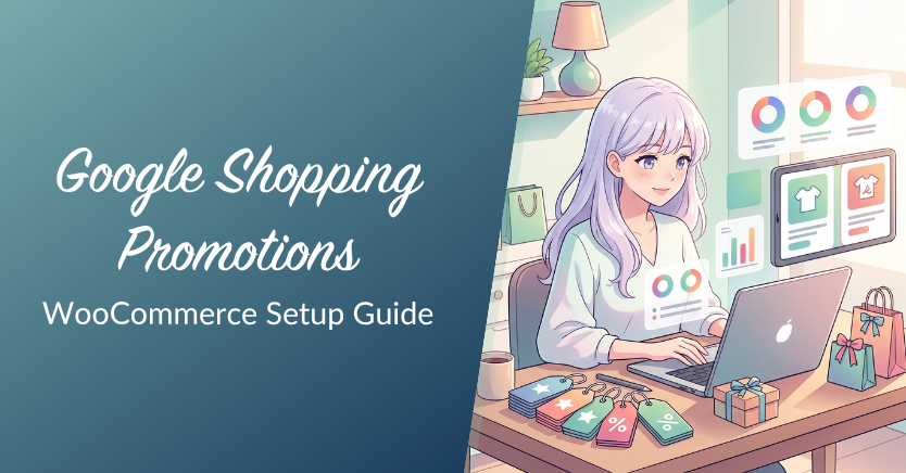 Banner image for a WooCommerce guide: 'Google Shopping Promotions' with a woman at a desk using a laptop, plus shopping icons on the desk and charts on the wall.