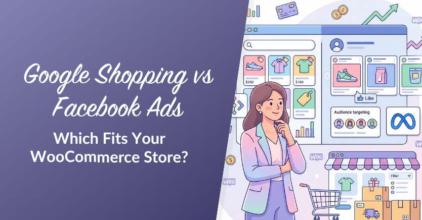 Immagine hero divisa: pannello viola a sinistra con testo 'Google Shopping vs Facebook Ads — Quale si adatta al tuo negozio WooCommerce?', a destra mostra una donna vicino a dashboard di e-commerce.