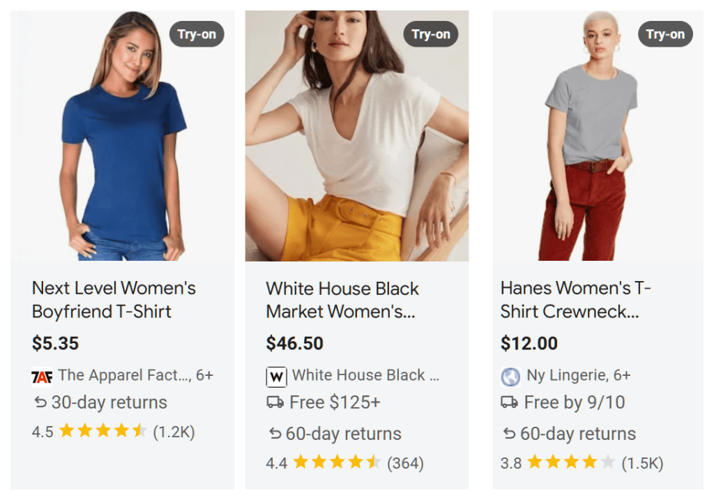 Women's t-shirts displayed on Google Shopping thanks to meet Google feed specifications