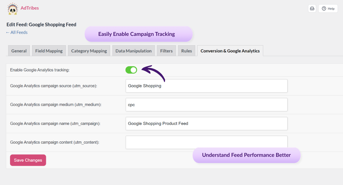 Screenshot of a product feed setup showing Google Shopping as the selected channel, with a dropdown listing many sales channels.