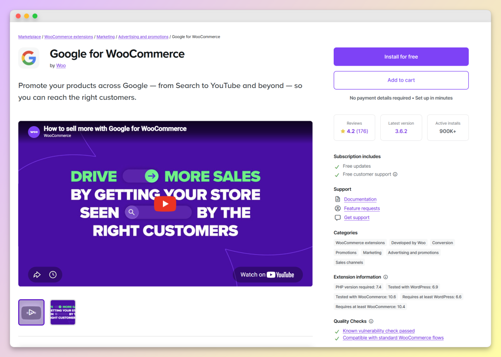 Google for WooCommerce product page showing install button, reviews, active installs, and product overview
