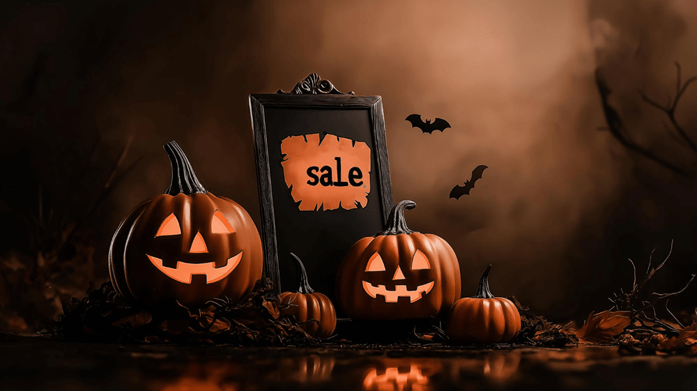 Creepy Halloween pumpkins around a board with the word "sale" on it